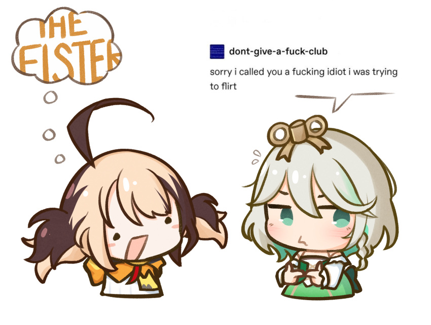 ._., 2girls, :d, ahoge, blush_stickers, brown_hair, cecilia_immergreen, chibi