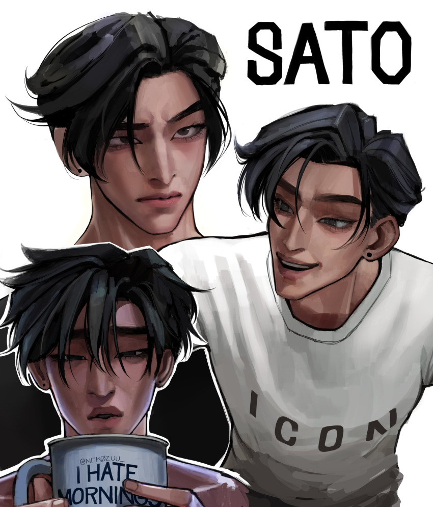 1boy, bad_source, black_hair, blowing, brown_eyes, character_name, closed_mouth, clothes_writing