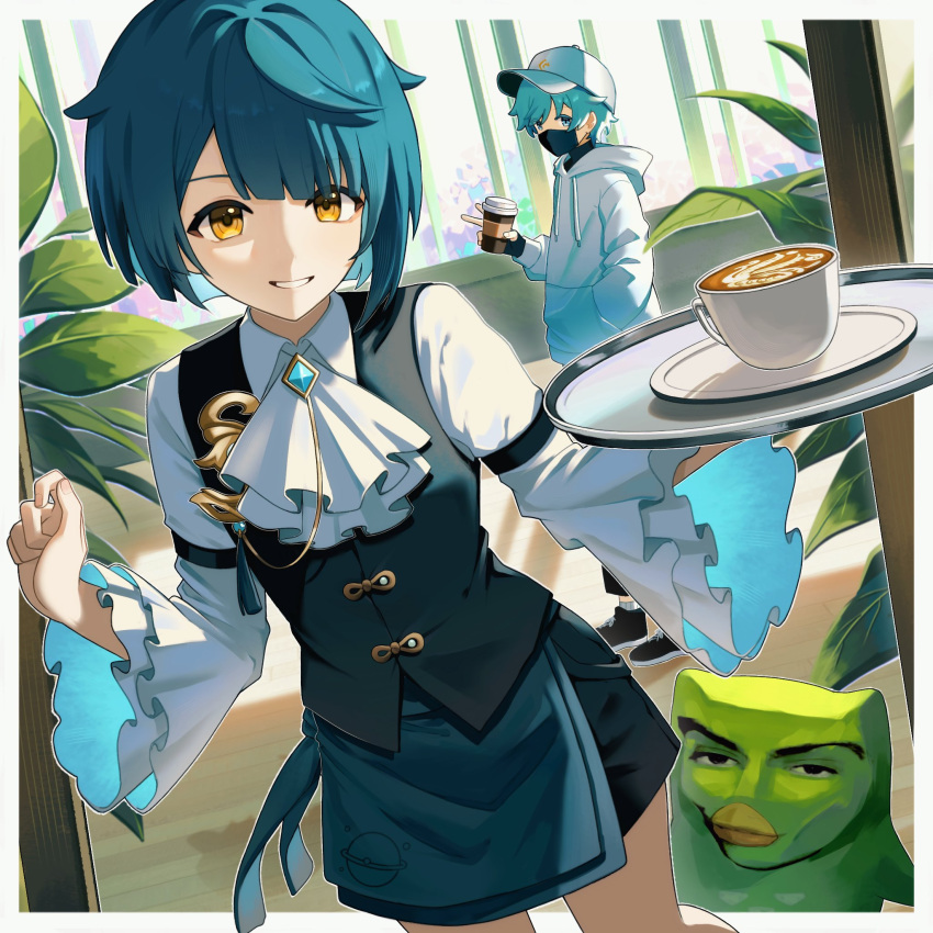 2boys, alternate_costume, ascot, blue_hair, chinese_clothes, chongyun_(genshin_impact), coffee, duo_(duolingo)
