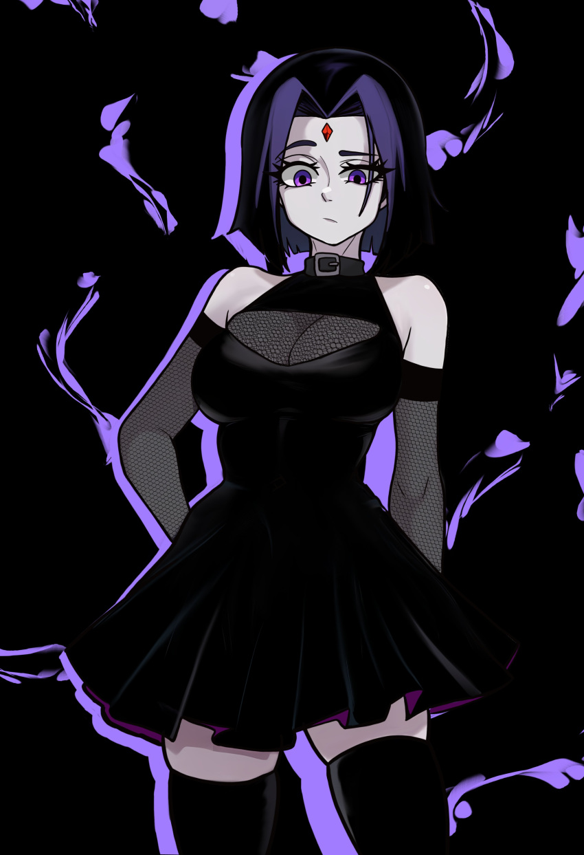 1girl, absurdres, black_dress, black_thighhighs, collar, dc_comics, dress, fishnet_sleeves