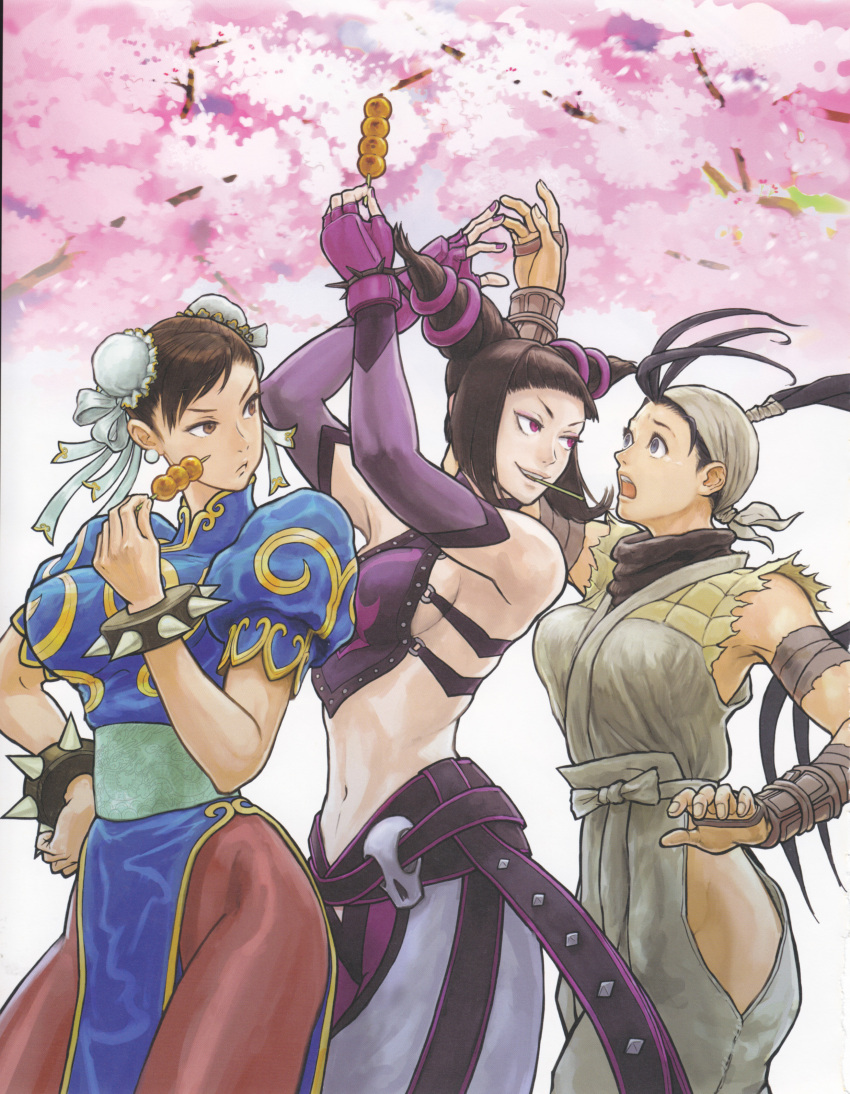 absurdres, ahoge, artbook, belt, breasts, bun_cover, capcom, cherry_blossoms, china_dress, chinese_clothes, chun-li, dango, elbow_gloves, fingerless_gloves, food, gloves, hair_bun, hairbuns, han_juri, highres, ibuki, multiple_girls, ninja, official_art, pantyhose, scan, sideboob, street_fighter, street_fighter_iv, teasing, thick_thighs, tree, wagashi