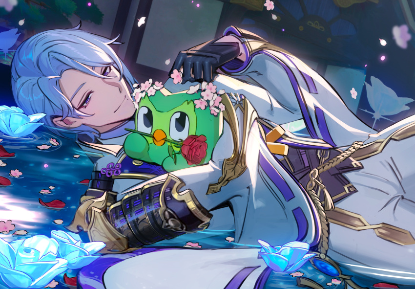 1boy, absurdres, armor, bishounen, black_gloves, chadetteisgiga, cherry_blossoms, cowboy_shot