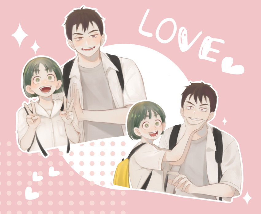 1boy, 1girl, after_school_lessons_for_unripe_apples, backpack, bag, black_hair, brown_eyes, brown_hair