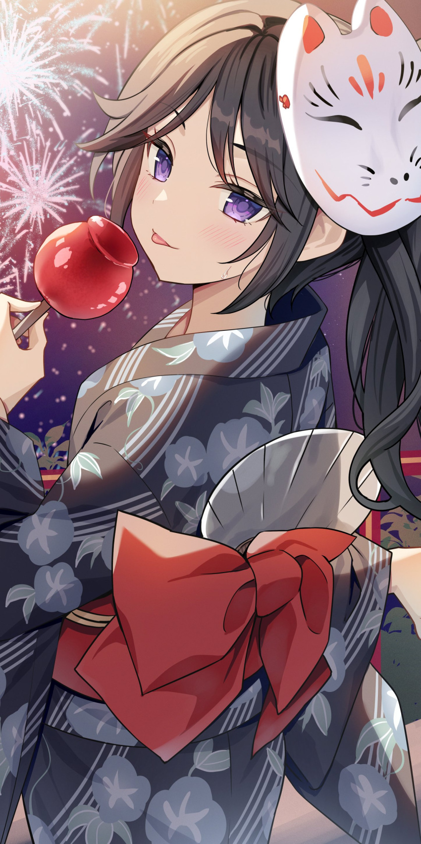 1girl, :p, absurdres, aerial_fireworks, candy_apple, fireworks, food, fox_mask, hand_fan, hidaka_manami, highres, holding, holding_food, japanese_clothes, kimono, looking_at_viewer, mask, mask_on_head, night, obi, ponytail, sanshoku_amido, sash, solo, strategic_lovers, summer_festival, tongue, tongue_out, yukata
