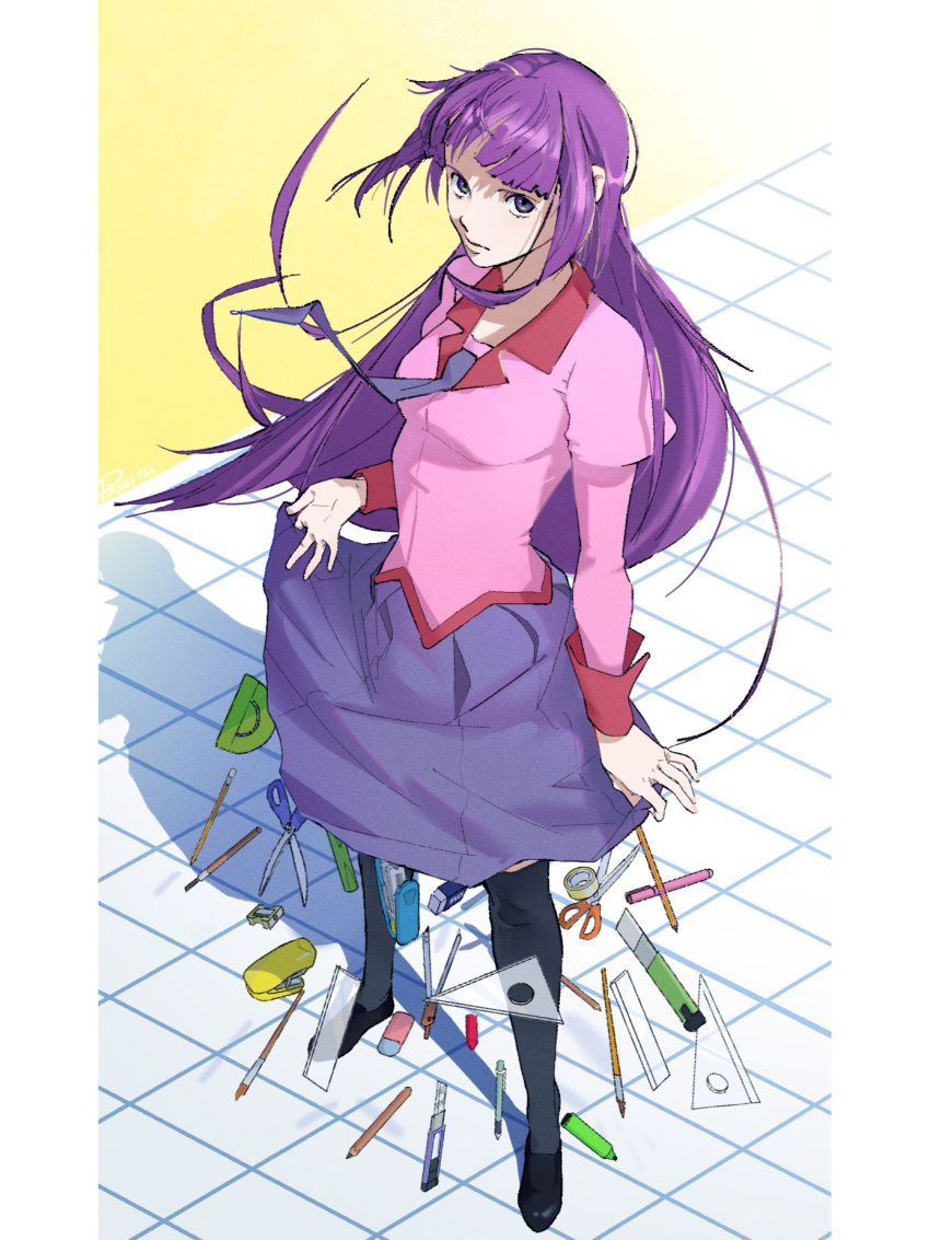1girl, 2s2s_(piksel164), art_supplies, bakemonogatari, black_footwear, black_thighhighs, border, boxcutter, breasts, closed_mouth, collared_shirt, commentary, compass_(instrument), curtsey, dress_shirt, eraser, expressionless, falling, floating_hair, floating_neckwear, from_above, from_side, full_body, grid, highres, juliet_sleeves, knife, loafers, long_hair, long_sleeves, looking_at_viewer, looking_to_the_side, looking_up, mechanical_pencil, medium_breasts, monogatari_(series), naoetsu_high_school_uniform, necktie, paintbrush, pen, pencil, pencil_sharpener, pillarboxed, pink_shirt, pleated_skirt, protractor, puffy_sleeves, purple_hair, purple_necktie, purple_skirt, romaji_commentary, school_uniform, scissors, senjougahara_hitagi, shadow, shirt, shoes, skirt, solo, stapler, tape, thigh-highs, very_long_hair, violet_eyes, white_border, wind, yellow_background