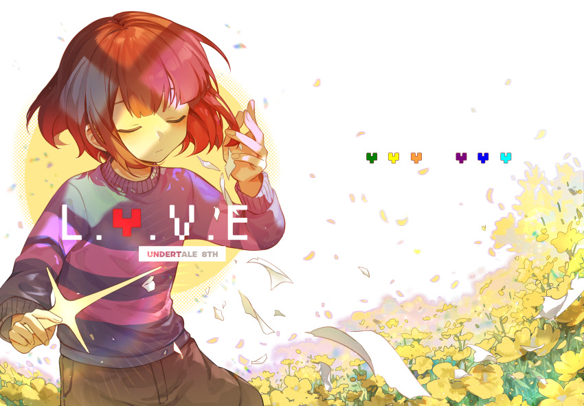 1other, absurdres, blue_sweater, blush, brown_hair, brown_shorts, buttons, closed_eyes
