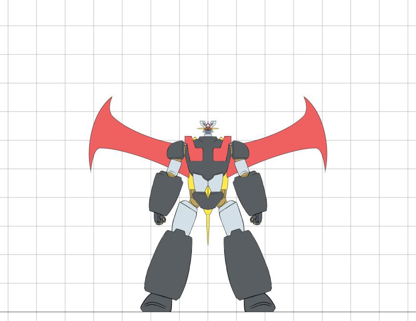 clenched_hands, full_body, highres, horns, looking_at_viewer, mazinger_(series), mazinger_z, mazinger_z_(mecha), mecha, mechanical_horns, mechanical_wings, mobuseibihei, no_humans, pilder, robot, science_fiction, solo, standing, super_robot, wings, yellow_eyes
