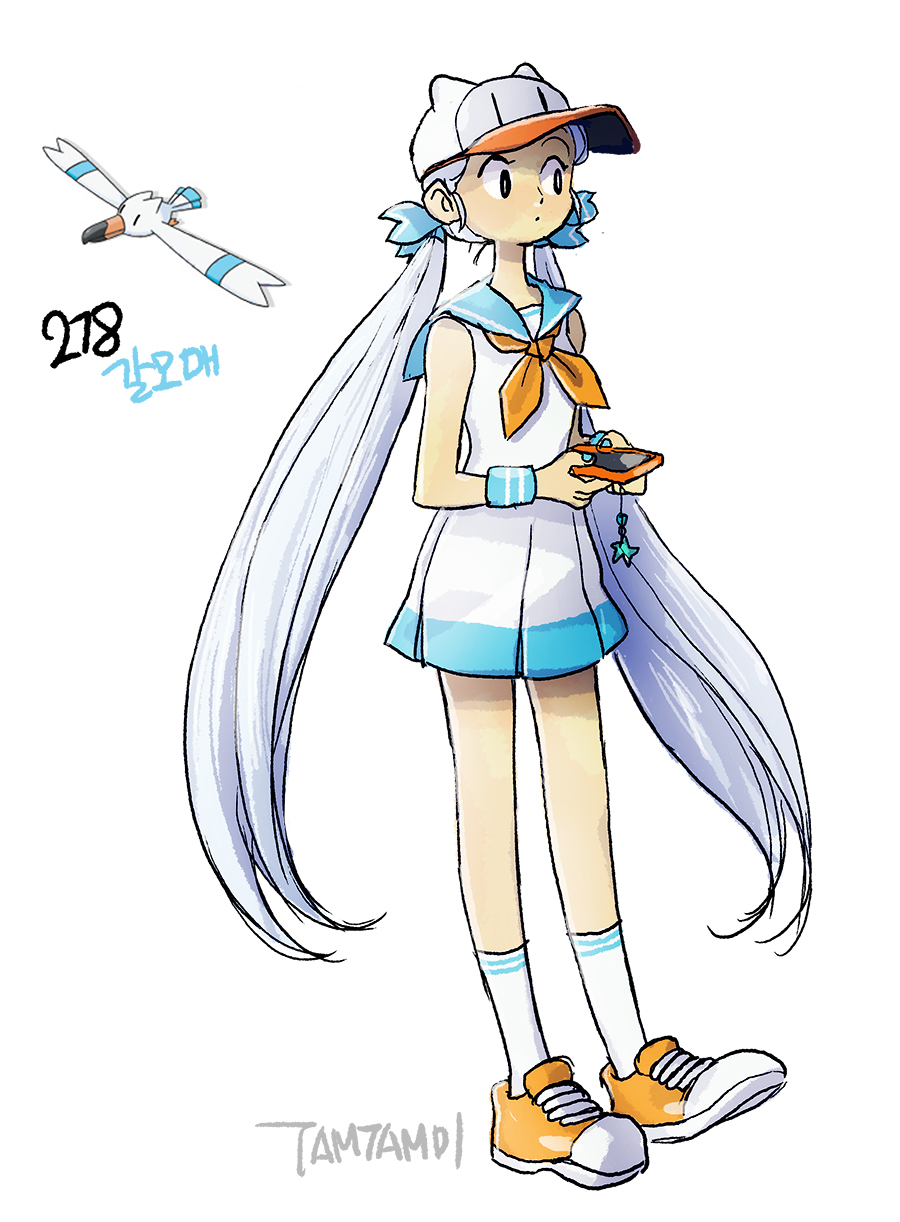1girl, black_eyes, blue_ribbon, blue_wristband, bright_pupils, cellphone, commentary, dress, full_body, hat, highres, holding, holding_phone, long_hair, looking_ahead, low_twintails, neckerchief, orange_footwear, orange_neckerchief, personification, phone, pokemon, pokemon_(creature), reference_inset, ribbon, shoes, signature, simple_background, smartphone, sneakers, socks, tamtamdi, twintails, very_long_hair, white_background, white_dress, white_hair, white_hat, white_pupils, white_socks, wingull