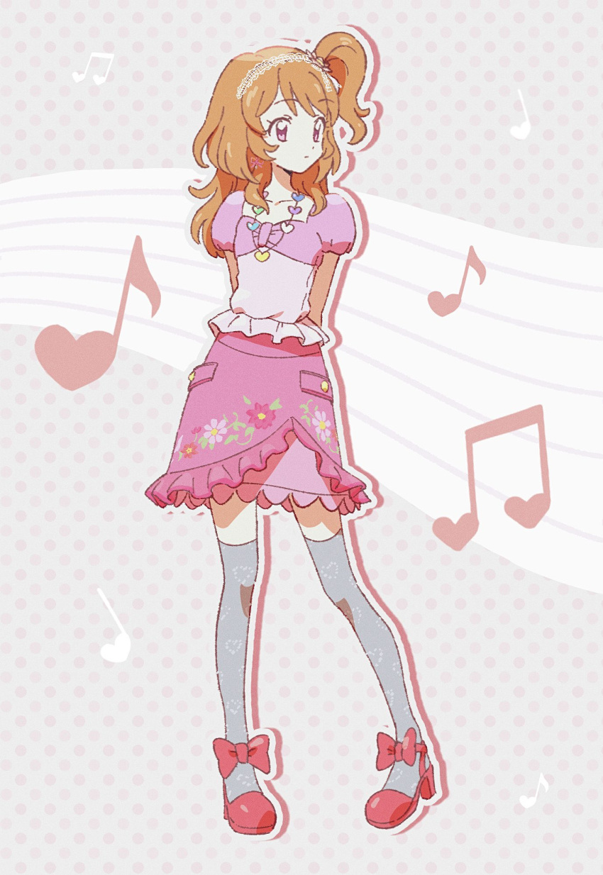 1girl, aikatsu!, aikatsu!_(series), ankle_bow, arms_behind_back, bow, dot_nose, drop_shadow