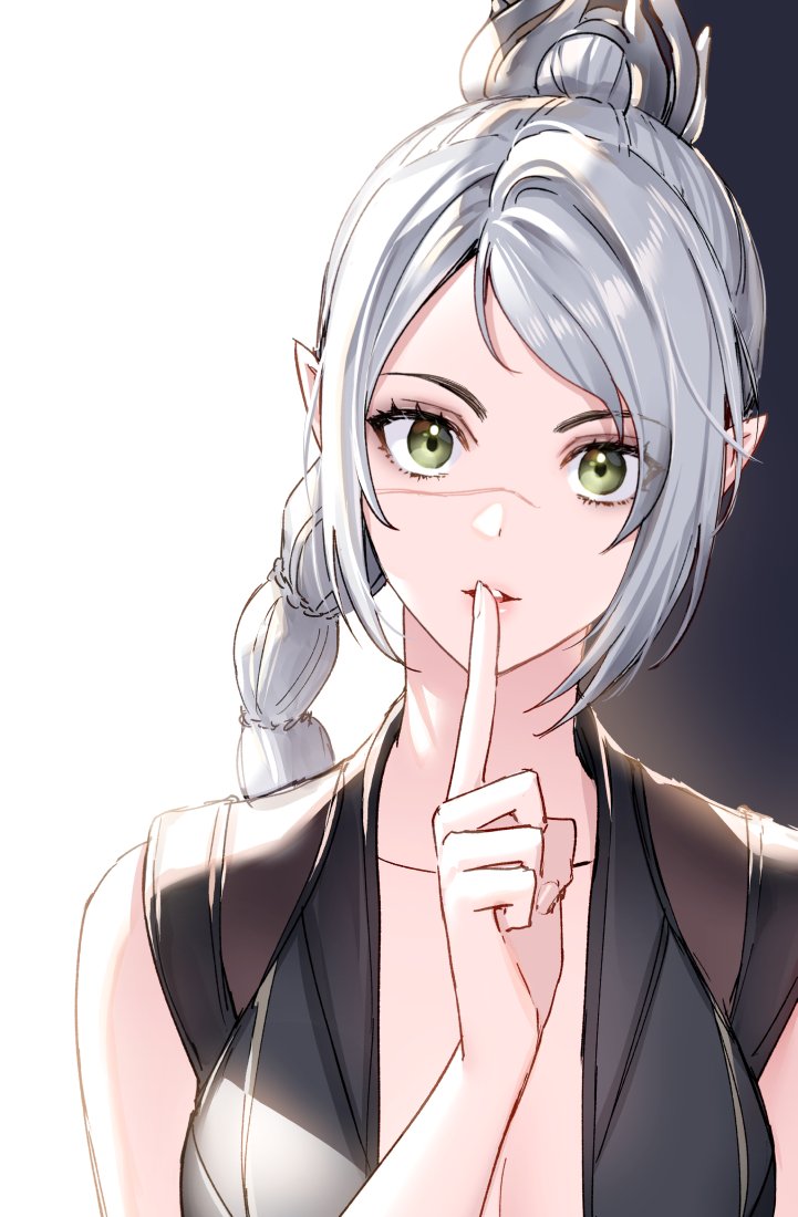 1girl, baldur's_gate, baldur's_gate_3, black_jacket, collarbone, commentary_request, dungeons_&amp;_dragons, elf, finger_to_mouth, green_eyes, grey_hair, hand_up, index_finger_raised, jacket, korean_commentary, long_hair, looking_at_viewer, multi-tied_hair, parted_bangs, pointy_ears, ponytail, scar, scar_on_cheek, scar_on_face, scar_on_nose, shadowheart_(baldur's_gate), shushing, simple_background, sleeveless, sleeveless_jacket, solo, two-tone_background, upper_body, white_background, wild5lee