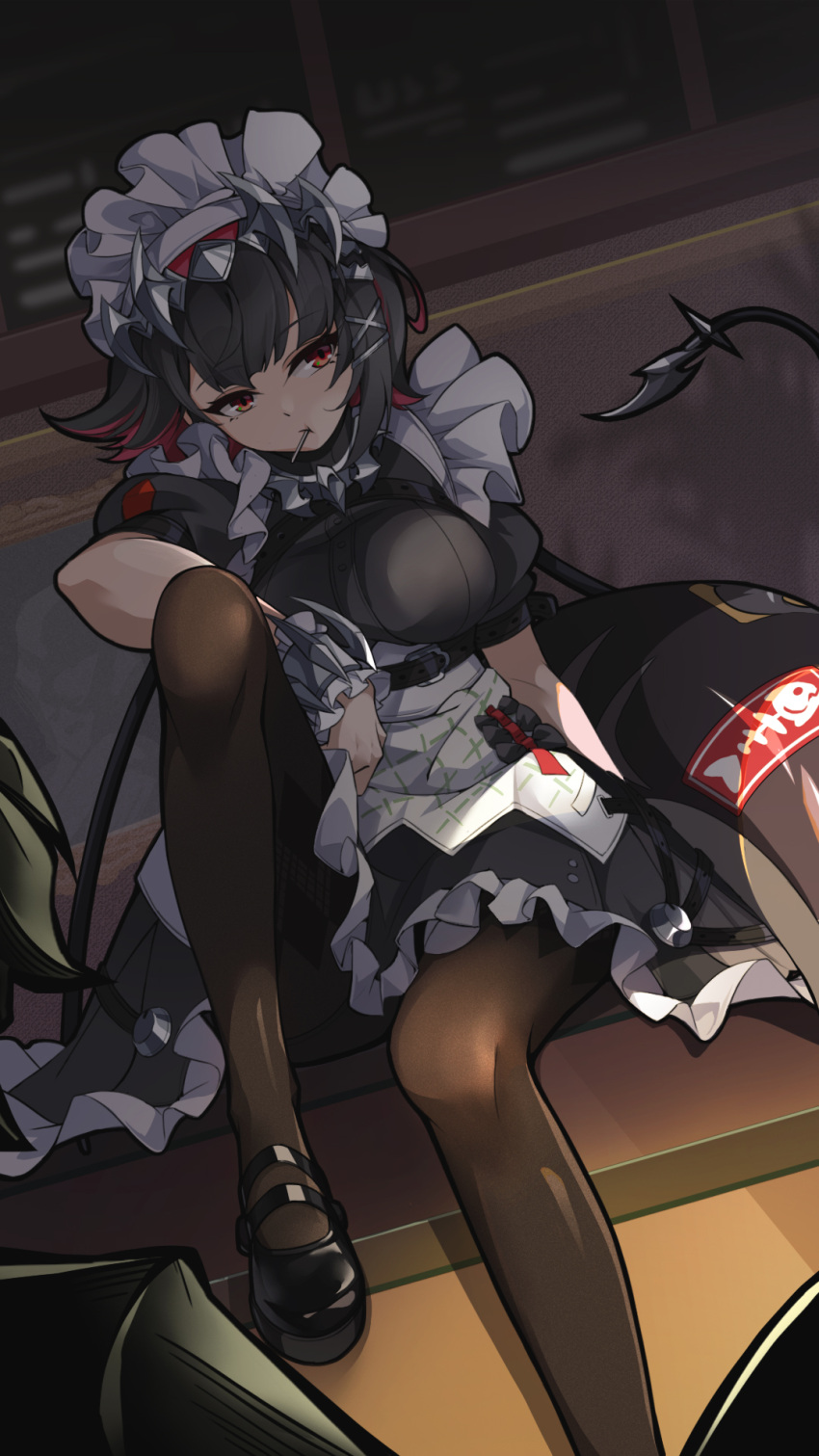 1girl, apron, belt, black_belt, black_dress, black_footwear, black_hair, breasts