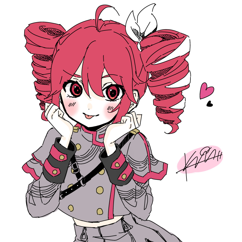 1girl, absurdres, ahoge, blush, bow, drill_hair, hair_bow, hair_ribbon, heart, highres, kasane_teto, kasane_teto_(sv), kuitaka, long_sleeves, midriff, pink_eyes, pink_hair, ribbon, shoulder_belt, signature, smile, solo, synthesizer_v, tongue, tongue_out, twin_drills, twintails, utau