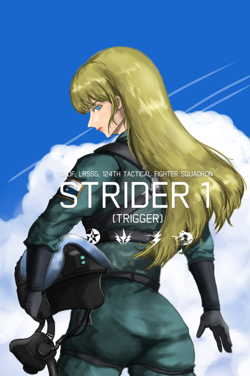1girl, absurdres, ace_combat, ace_combat_7, blonde_hair, blue_eyes, blue_sky, clouds