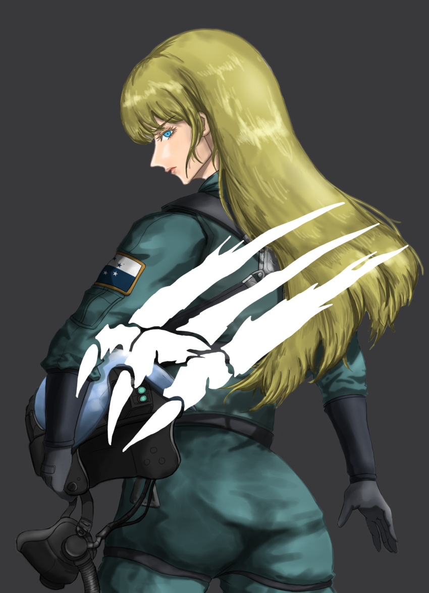 1girl, absurdres, ace_combat, ace_combat_7, blonde_hair, blue_eyes, from_behind, genderswap, genderswap_(mtf), gloves, helmet, highres, holding, holding_helmet, looking_at_viewer, pilot_helmet, pilot_suit, sun20021109, trigger_(ace_combat), unworn_headwear, unworn_helmet
