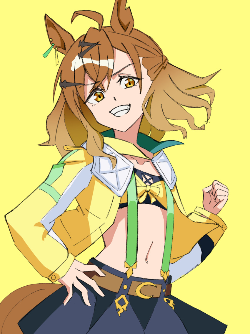 1girl, ahoge, animal_ears, belt, benjamin_(user_cajx4852), black_skirt, brown_belt, brown_hair, hair_between_eyes, highres, horse_ears, horse_girl, horse_tail, jacket, jungle_pocket_(umamusume), long_sleeves, looking_at_viewer, notched_ear, short_hair, simple_background, skirt, solo, suspenders, tail, umamusume, yellow_background, yellow_eyes, yellow_jacket