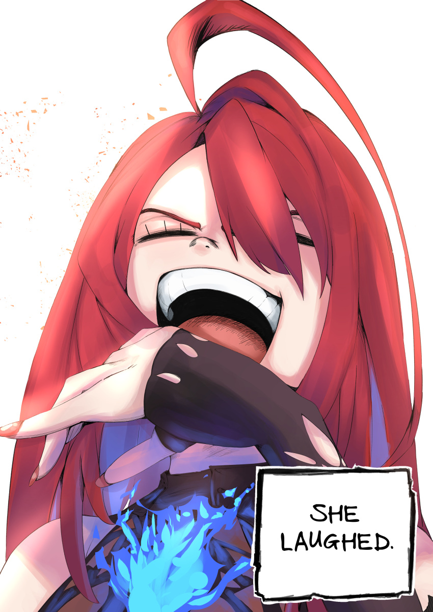 1girl, absurdres, ahoge, blue_fire, byxis, colored_inner_hair, elizabeth_rose_bloodflame, english_text