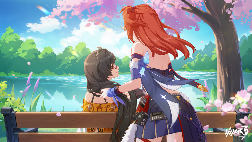 2girls, bare_shoulders, bench, blue_skirt, blue_sleeves, braiding_hair, brown_eyes, brown_hair