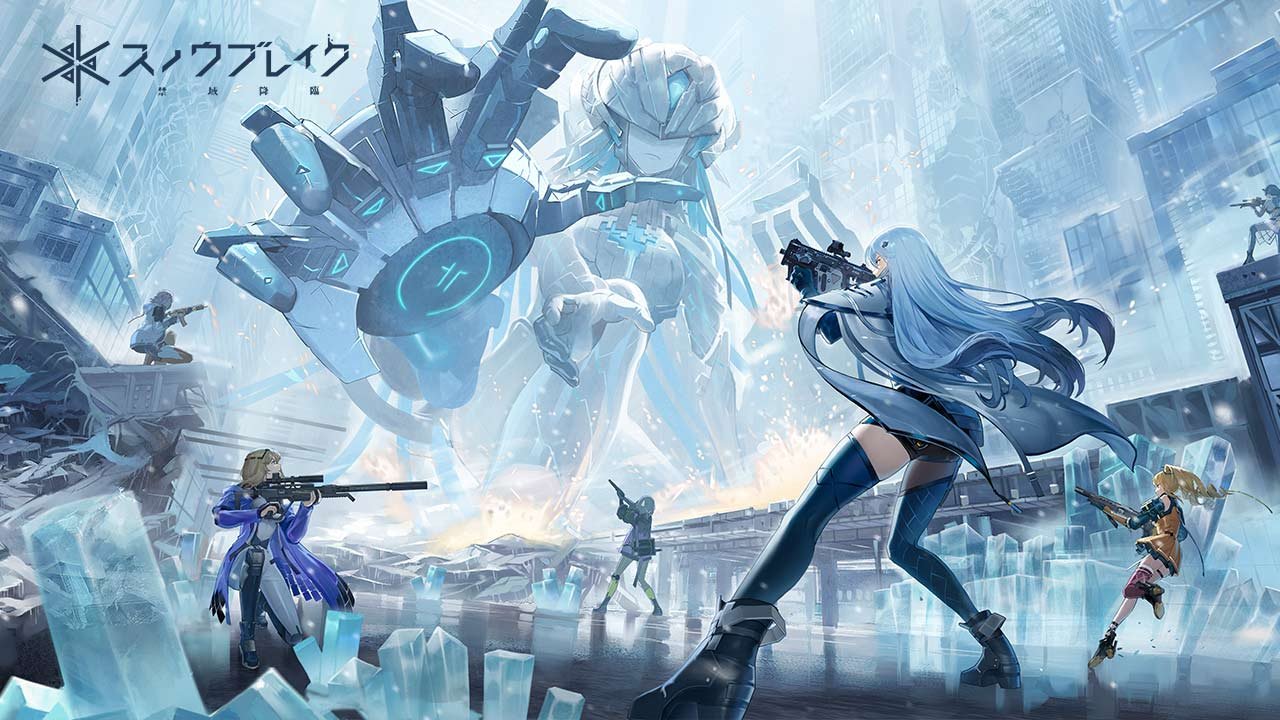 6+girls, acacia_(snowbreak), acacia_-_redacted_(snowbreak), arms_up, artist_request, assault_rifle, black_footwear, black_shorts
