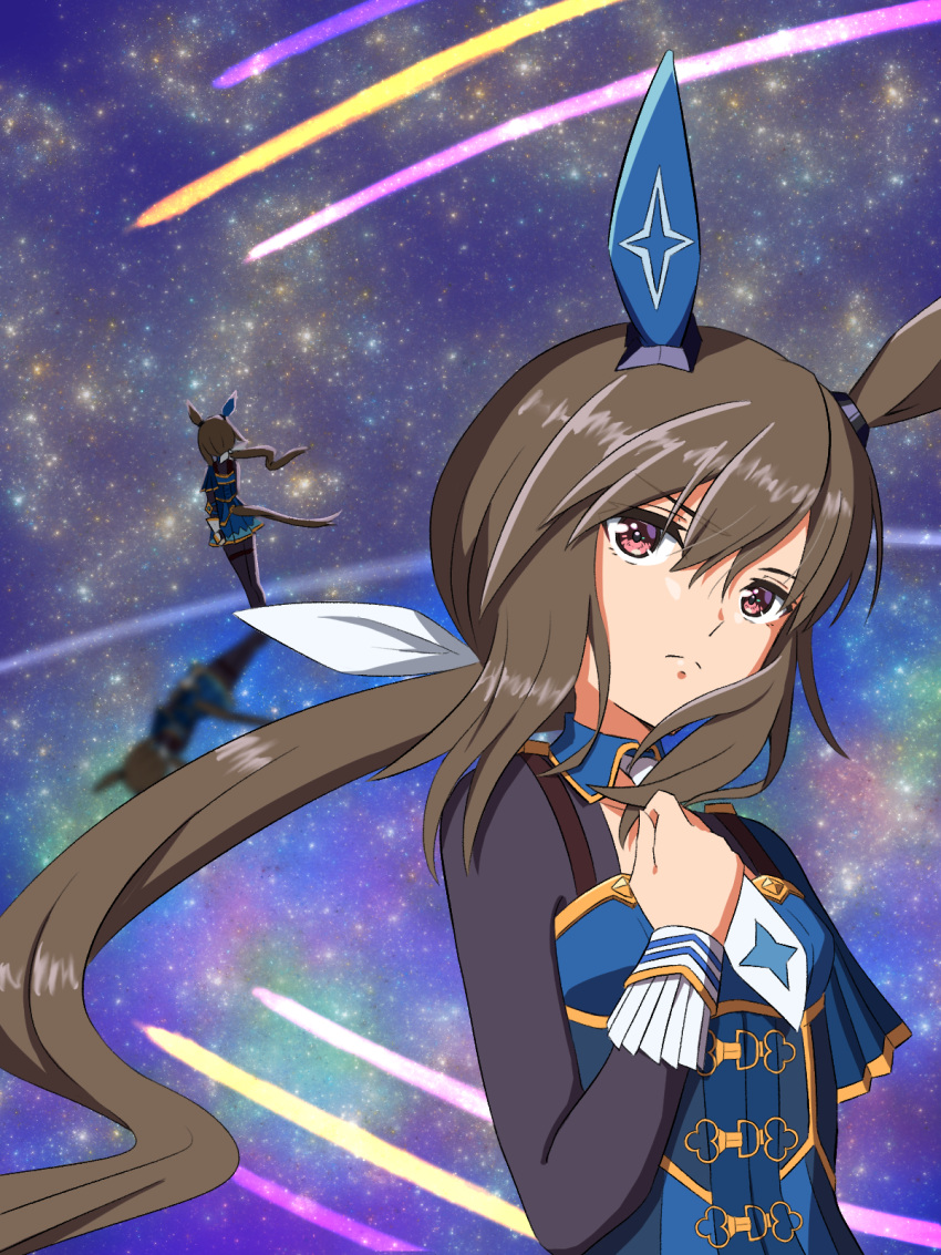 1girl, admire_vega_(umamusume), animal_ears, benjamin_(user_cajx4852), brown_hair, ear_covers, hair_between_eyes, hair_ribbon