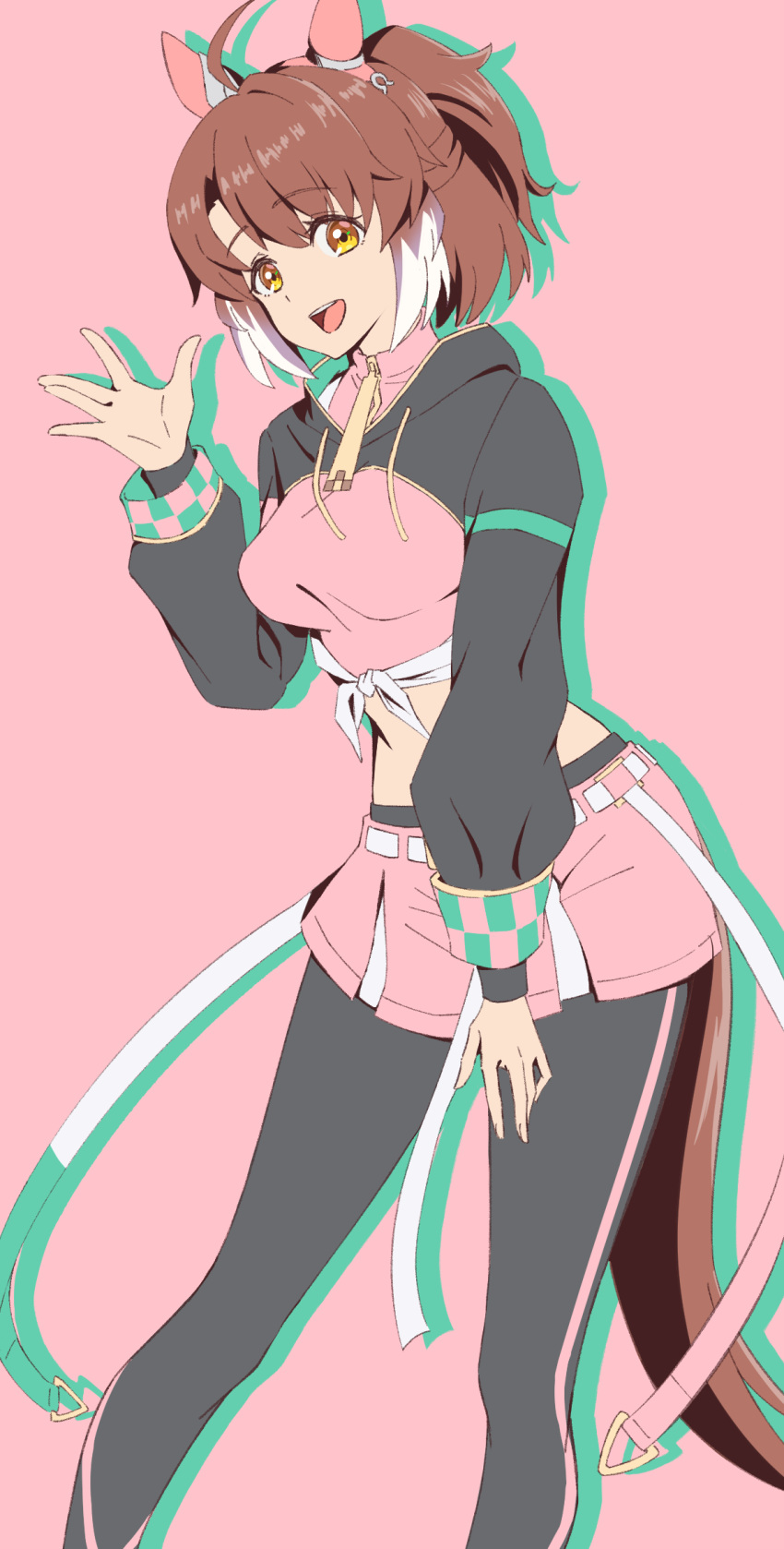 1girl, :d, ahoge, animal_ears, benjamin_(user_cajx4852), black_pantyhose, breasts, brown_eyes