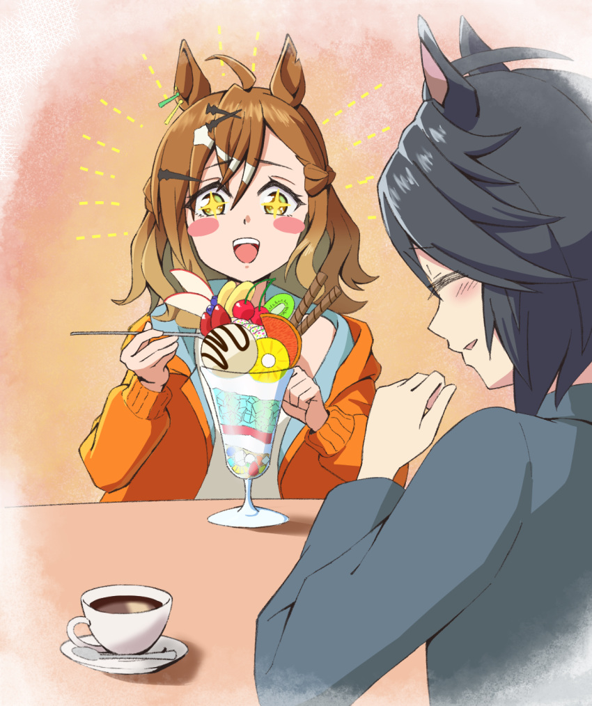 +_+, 2girls, :d, ahoge, animal_ears, benjamin_(user_cajx4852), black_hair, blush_stickers