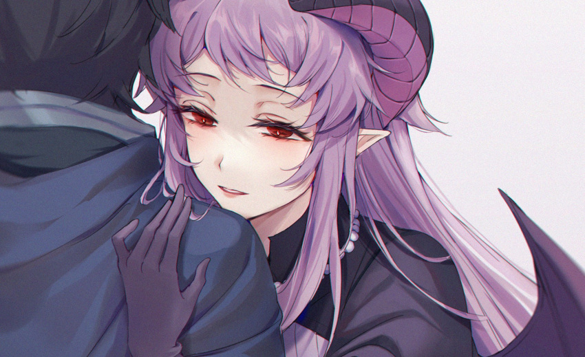 1boy, 1girl, bead_necklace, beads, black_hair, cape, curled_horns, dragon_girl