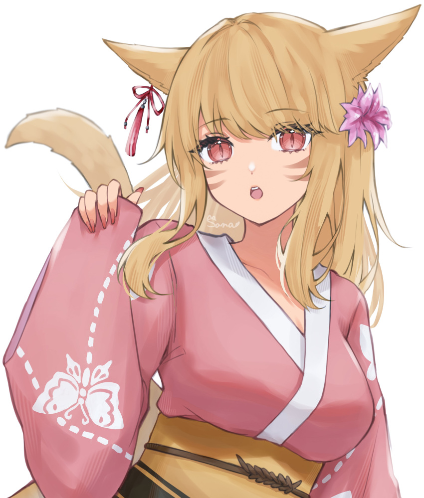 1girl, absurdres, animal_ears, animal_print, artist_name, blonde_hair, butterfly_print, cat_ears, cat_girl, cat_tail, earrings, facial_mark, final_fantasy, final_fantasy_xiv, flower, hair_flower, hair_ornament, highres, holding_sleeve, japanese_clothes, jewelry, kimono, miqo'te, obi, open_mouth, pink_kimono, red_eyes, ribbon_earrings, sana_(sanamaru_0w0), sash, solo, tail, warrior_of_light_(ff14), whisker_markings, yukata