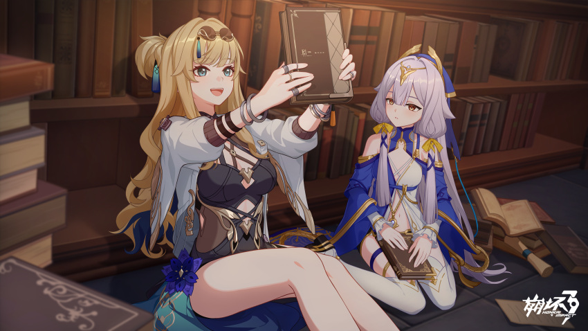 2girls, :d, bare_legs, bare_shoulders, black_dress, blonde_hair, blue_collar, blue_eyes