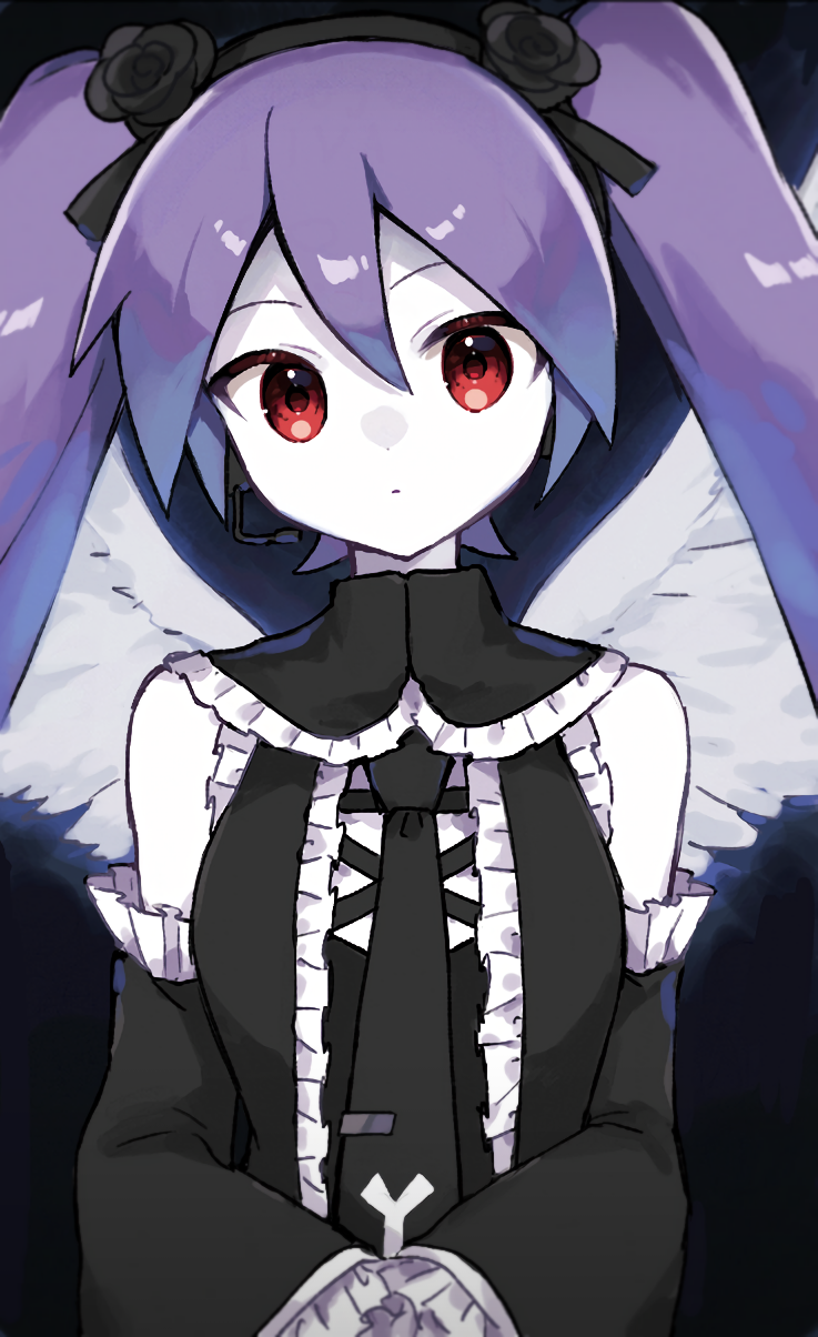 1girl, akikan_sabago, angel_wings, black_background, black_flower, black_hairband, black_necktie, black_ribbon