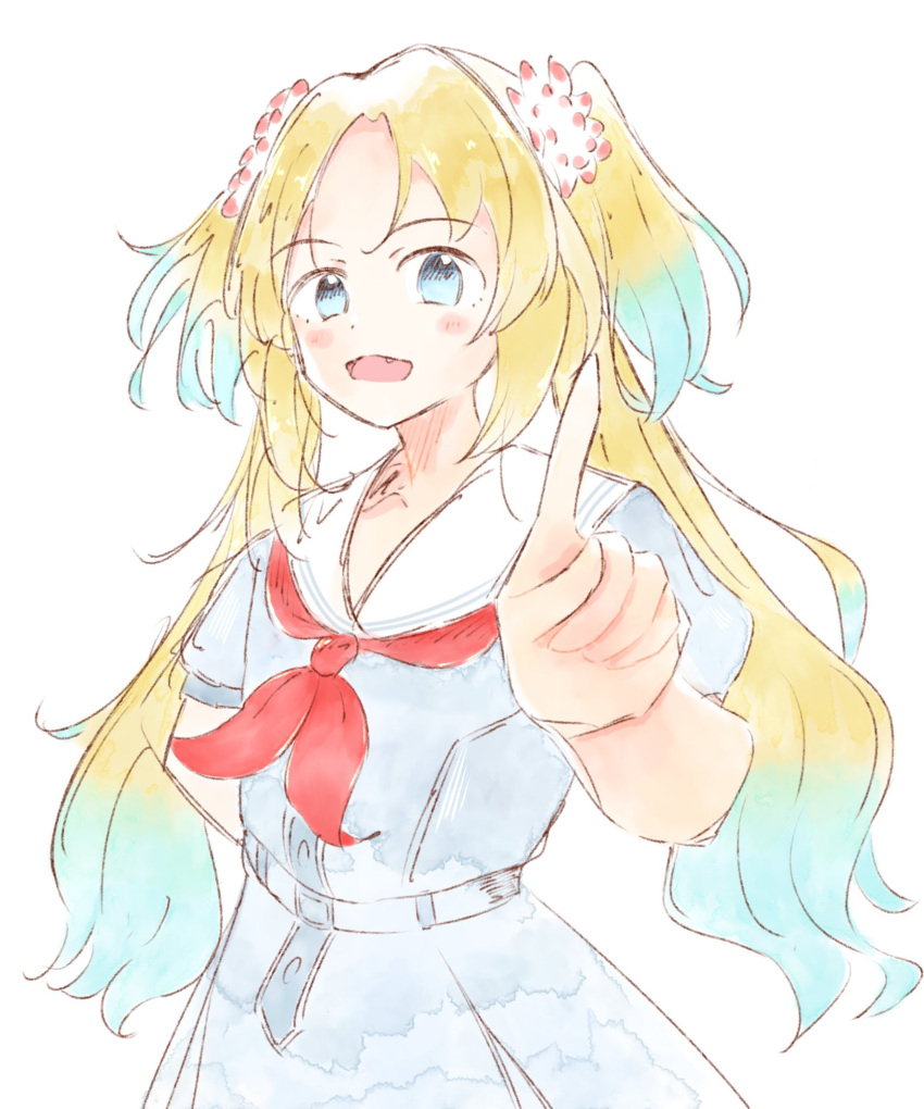 1girl, :d, ameno_ryuu, arm_behind_back, blonde_hair, blue_dress, blue_eyes, blue_hair