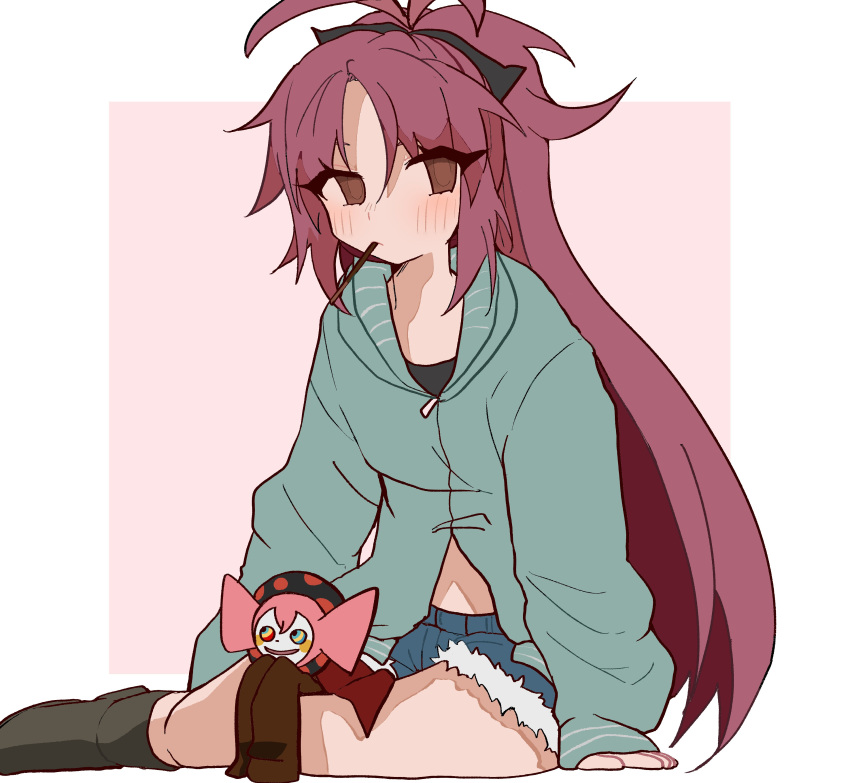 1girl, absurdres, antenna_hair, bare_legs, black_bow, black_footwear, black_shirt, blue_shorts, boots, border, bow, brown_eyes, charlotte_(madoka_magica), closed_mouth, clothing_cutout, commentary, cropped_shirt, denim, denim_shorts, eyelashes, food, food_in_mouth, full_body, fur-trimmed_shorts, fur_trim, green_jacket, hair_bow, hashtag-only_commentary, high_ponytail, highres, hood, hood_down, hooded_jacket, jacket, light_blush, light_frown, long_hair, long_sleeves, mahou_shoujo_madoka_magica, mahou_shoujo_madoka_magica_(anime), outside_border, pink_background, pocky, pocky_in_mouth, rabbit11201206, redhead, sakura_kyoko, shirt, shorts, sitting, solo, stomach_cutout, very_long_hair, white_border, witch_(madoka_magica), zipper_pull_tab