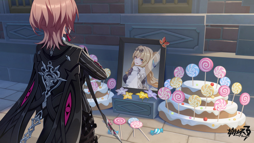 2girls, black_jacket, blonde_hair, blue_eyes, blue_flower, brick_wall, brown_hair, cake