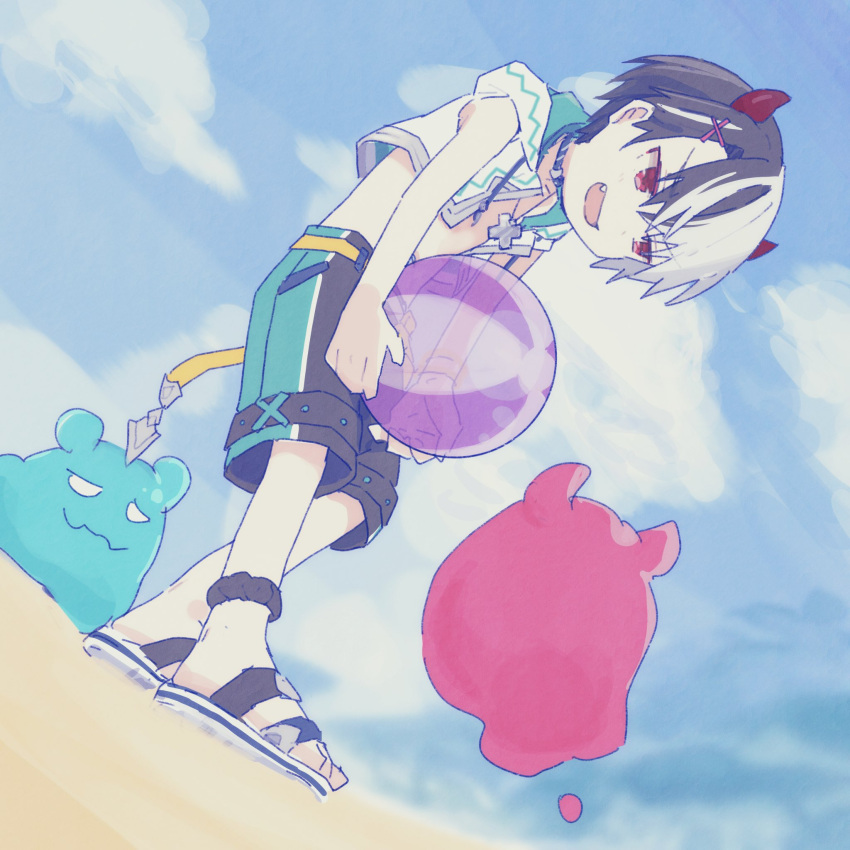 1boy, ball, beachball, black_male_swimwear, cross_hair_ornament, hair_ornament, highres, hood, hooded_jacket, jacket, kariza_(princess_connect!), male_swimwear, multicolored_hair, open_mouth, princess_connect!, red_eyes, sandals, shiroyama_13, sleeveless, sleeveless_jacket, solo, split-color_hair, white_jacket