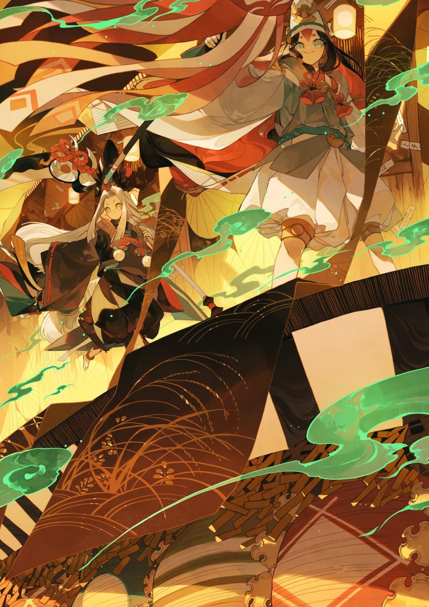 2boys, absurdres, black_hair, closed_mouth, colored_sclera, green_eyes, hat, highres
