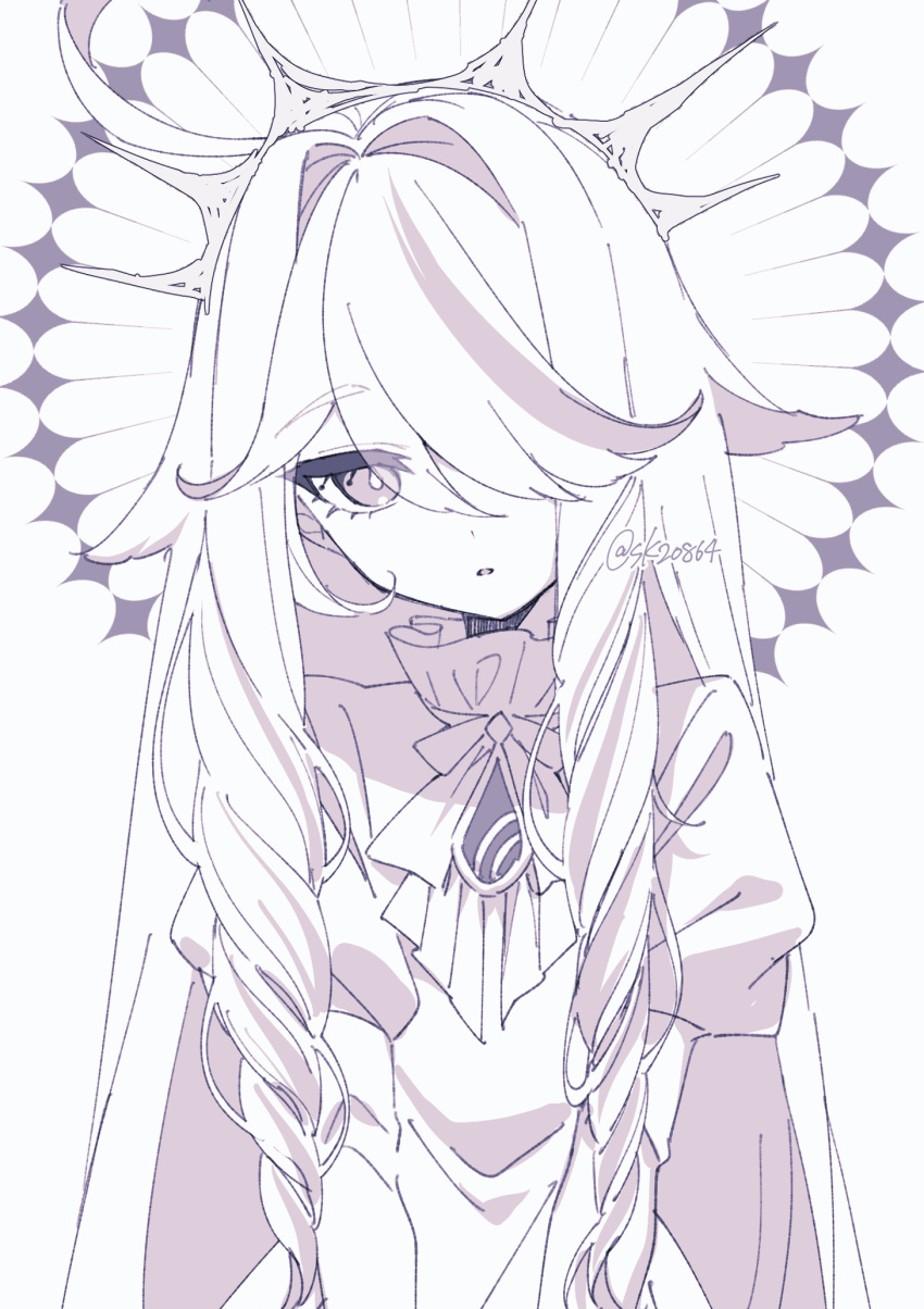 1girl, commentary_request, expressionless, furina_(genshin_impact), furina_(genshin_impact)_(old_design), genshin_impact, hair_over_one_eye, highres, long_bangs, long_hair, looking_at_viewer, mochizuki_mochi, monochrome, official_alternate_costume, official_alternate_hairstyle, open_mouth, solo, watermark, white_background