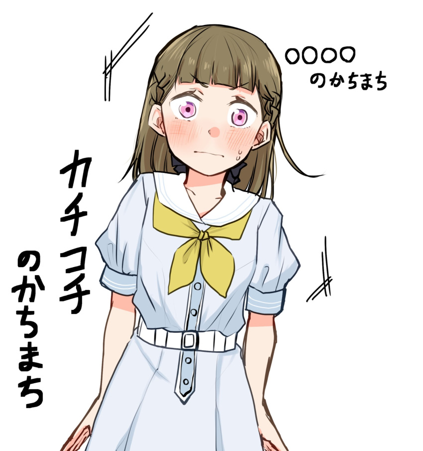 1girl, arms_at_sides, blue_dress, blush, braid, brown_hair, censored, censored_text