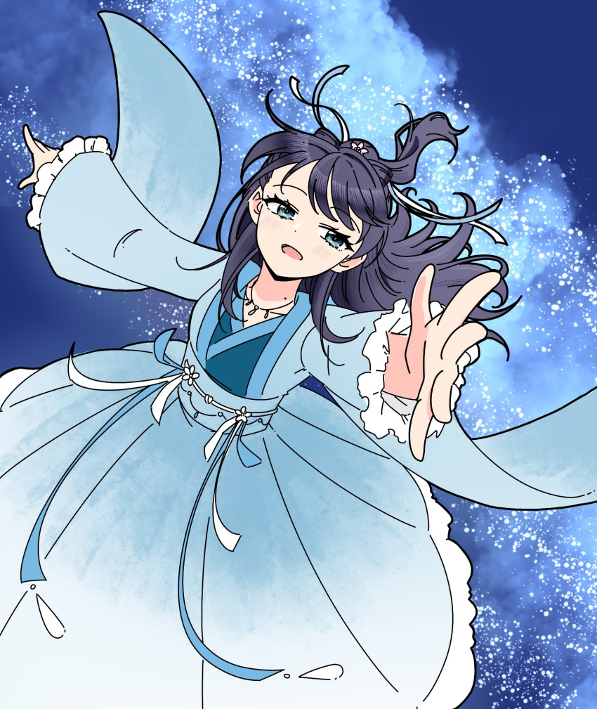 1girl, blue_background, blue_dress, blue_eyes, blue_hair, blue_kimono, blue_ribbon, collarbone