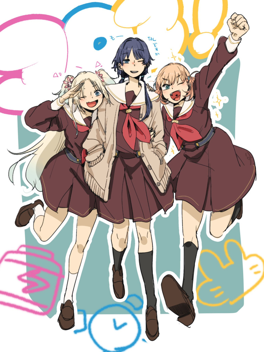 3girls, 524ryo, ;d, aqua_eyes, arm_up, black_socks, blonde_hair, blue_eyes