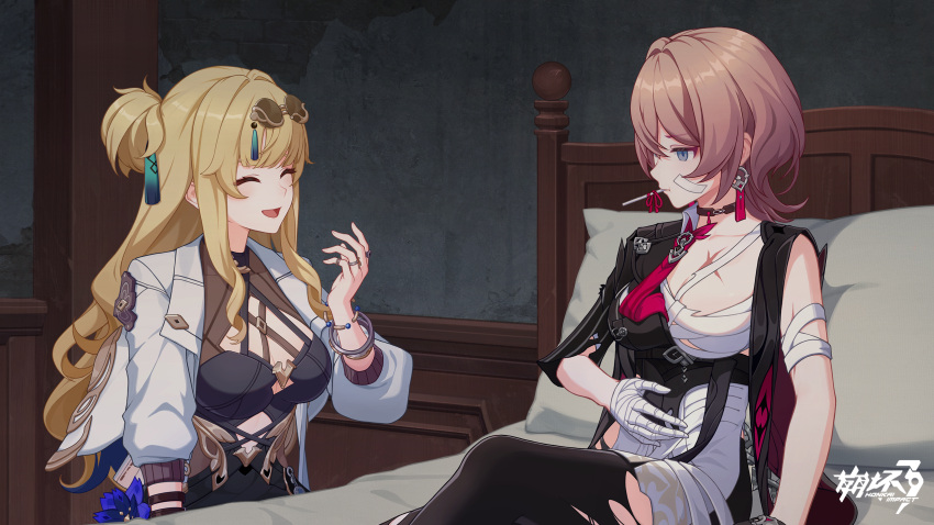 2girls, asymmetrical_sleeves, bag, bandaged_arm, bandaged_chest, bandaged_hand, bandages, bandaid