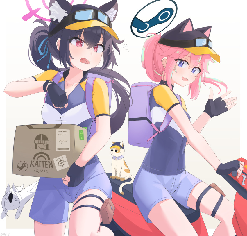 2girls, :d, absurdres, animal_ears, animal_hat, backpack, bag, baseball_cap