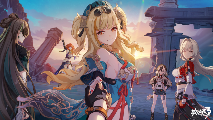 1boy, 5girls, arm_up, baiji_(honkai_impact), bell, beret, black_gloves, black_hair