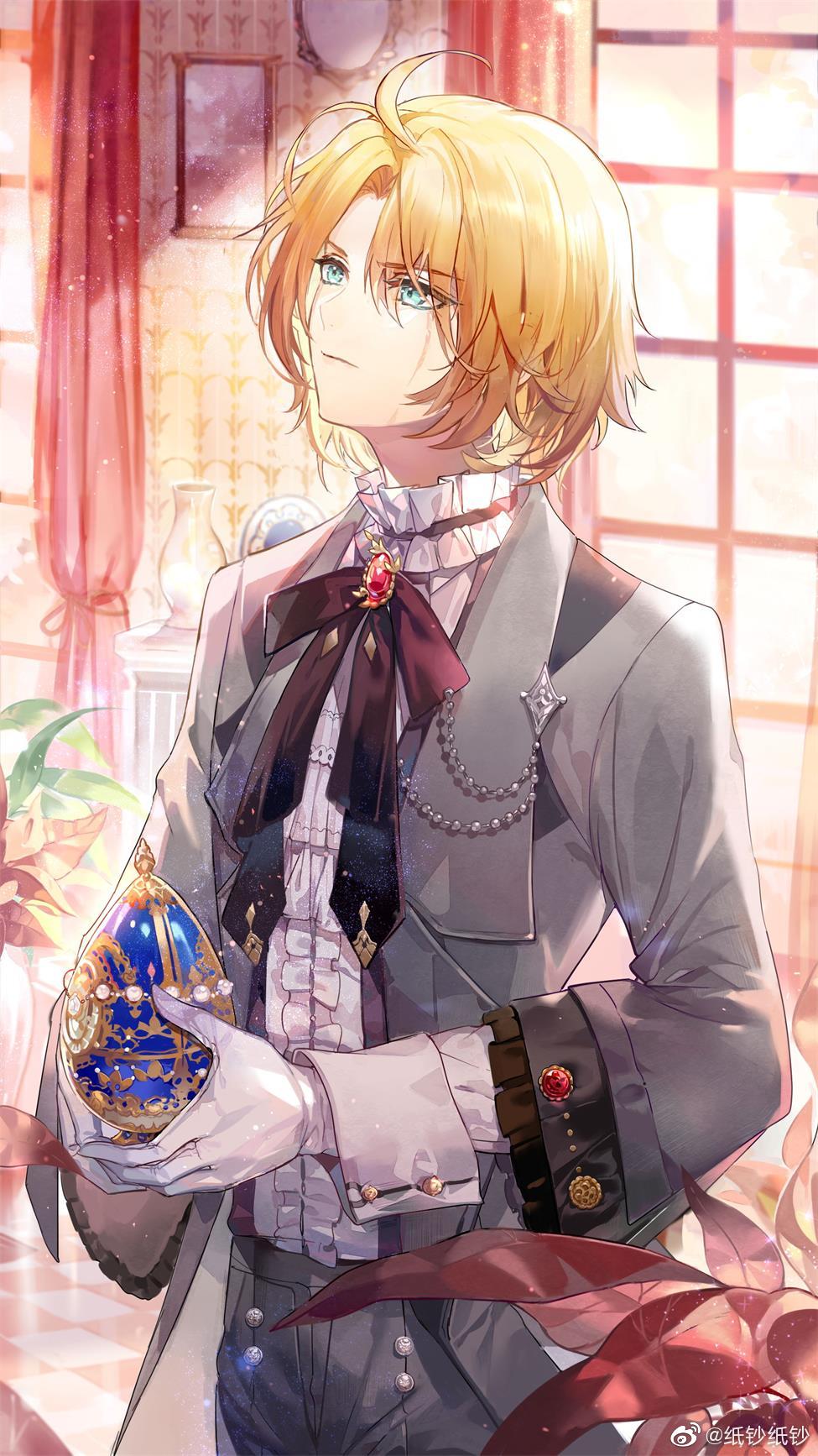 1boy, aged_down, ahoge, aqua_eyes, black_ribbon, blonde_hair, brooch, center_frills