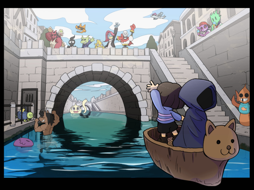 1other, 4girls, 5boys, aaron_(undertale), aircraft, airplane, alphys, arm_up