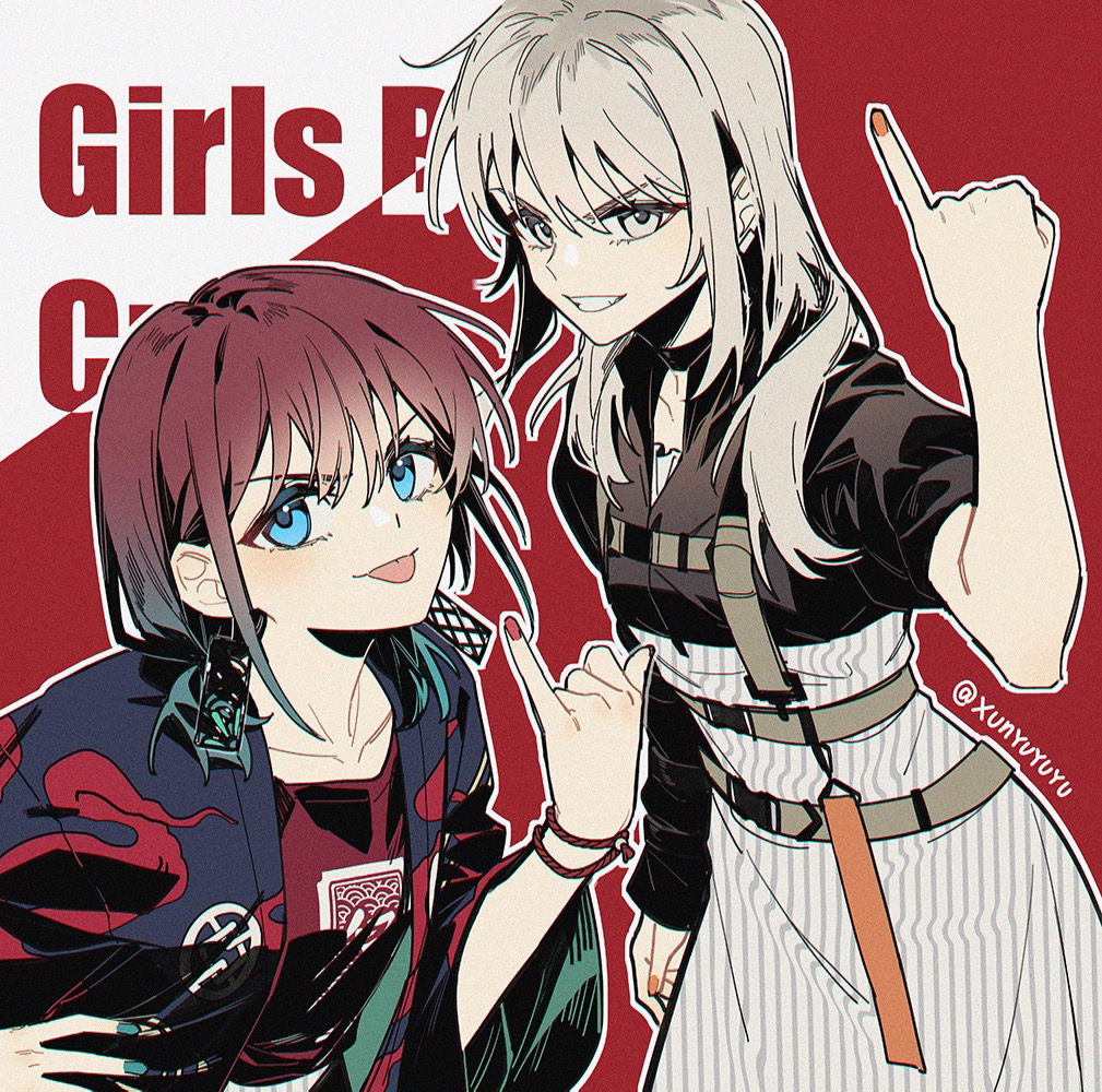 2girls, belt, black_shirt, blue_eyes, blue_hair, blue_happi, blue_nails, brown_hair