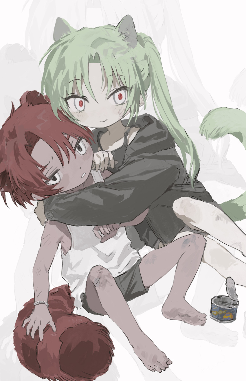 1boy, 1girl, :o, absurdres, animal_ears, black_eyes, black_jacket, black_shirt