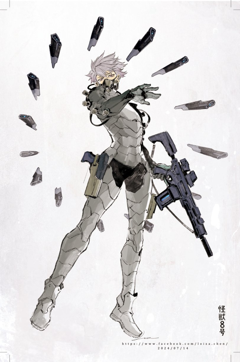 1boy, armor, bodysuit, floating, floating_object, floating_weapon, gas_mask, gloves