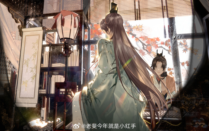 1boy, 1girl, architecture, bamboo_print, bamboo_screen, black_gloves, black_hair, bookshelf