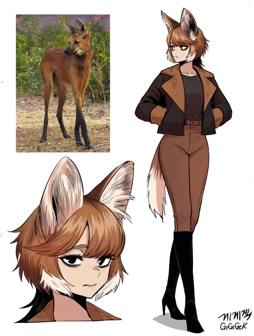 1girl, animal, animal_ear_fluff, animal_ears, boots, brown_hair, creature_and_personification, full_body, gegegekman, gradient_hair, highres, jacket, large_ears, maned_wolf, multicolored_hair, original, pants, personification, reference_inset, shirt, short_hair, standing, tail, thigh_boots, two-tone_hair, white_background, white_hair, wolf, wolf_ears, wolf_girl, wolf_tail