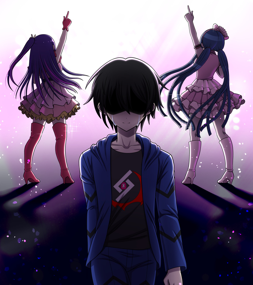 1boy, 2girls, absurdres, arm_up, black_hair, black_shirt, blue_jacket, blue_pants