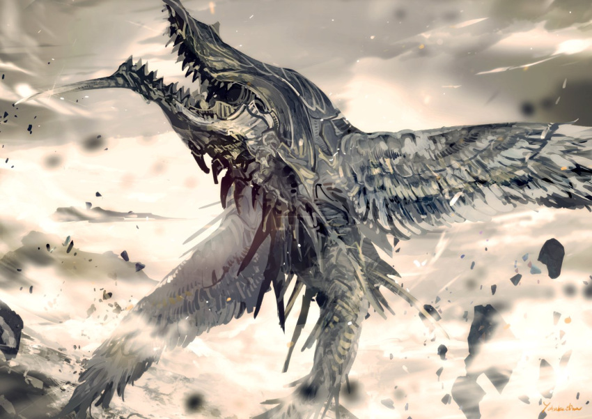 animal_focus, artist_name, bird_wings, bismarck_(final_fantasy), clouds, cloudy_sky, debris, feathered_wings